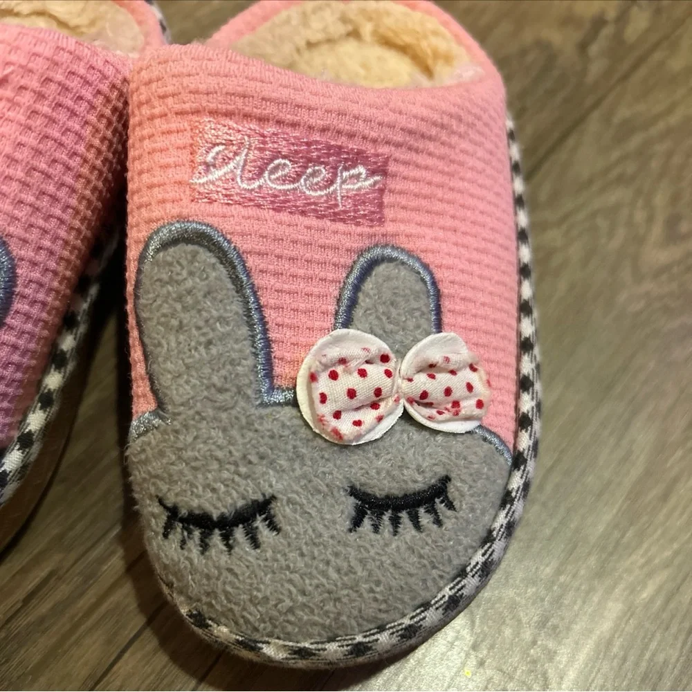 CIDBEST Easter Slippers Cotton bunny Cartoon Rabbit Bows Pink Grey No Slip 5/6